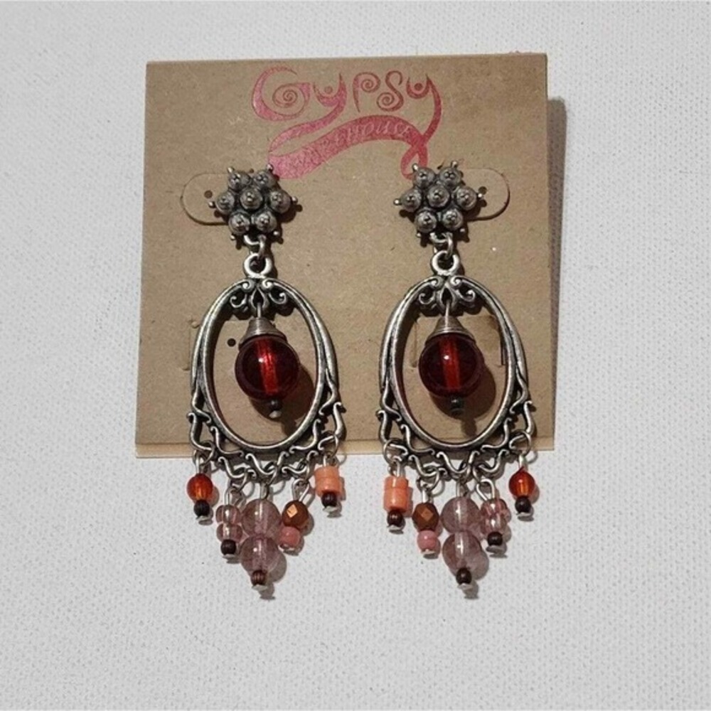 Treska‎ Gypsy Silver Tone Red Beaded Chandelier Drop Earrings Boho Filigree